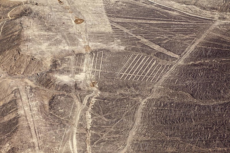 Impressive geoglyphs and line patterns in the dry Nazca Desert, The geoglyphs and drawings in the desert near Nasca and Palpa in Peru