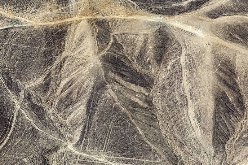 Geoglyphs and line patterns in the sandy and rocky landscape of Nazca, The geoglyphs and drawings in the desert near Nasca and Palpa in Peru