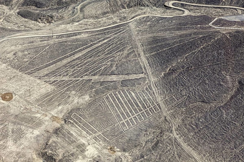 Known line formations in the Nazca Desert, viewed from above, Peru, The geoglyphs and drawings in the desert near Nasca and Palpa in Peru