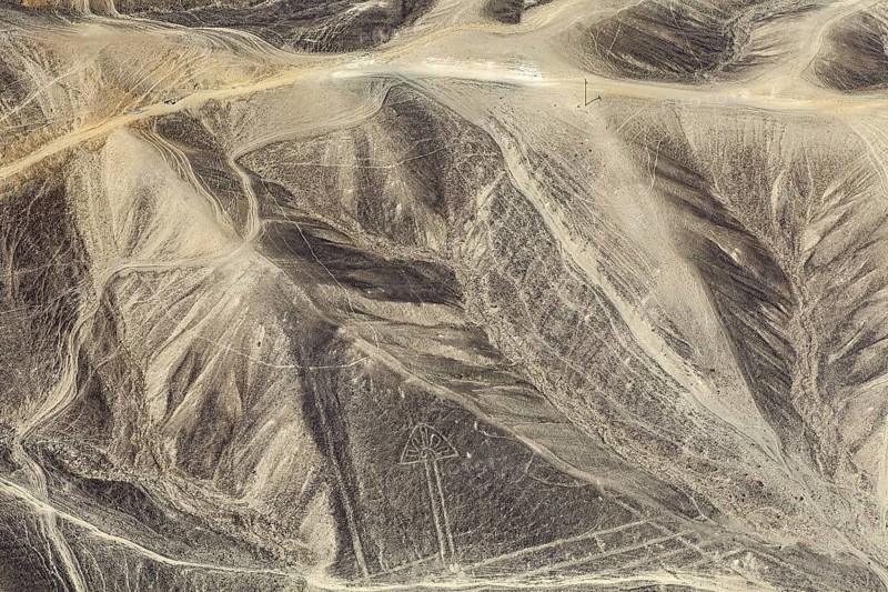 Impressive geoglyph structures in the hilly landscape of Nazca, the geoglyphs and paintings in the desert near Nasca and Palpa in Peru