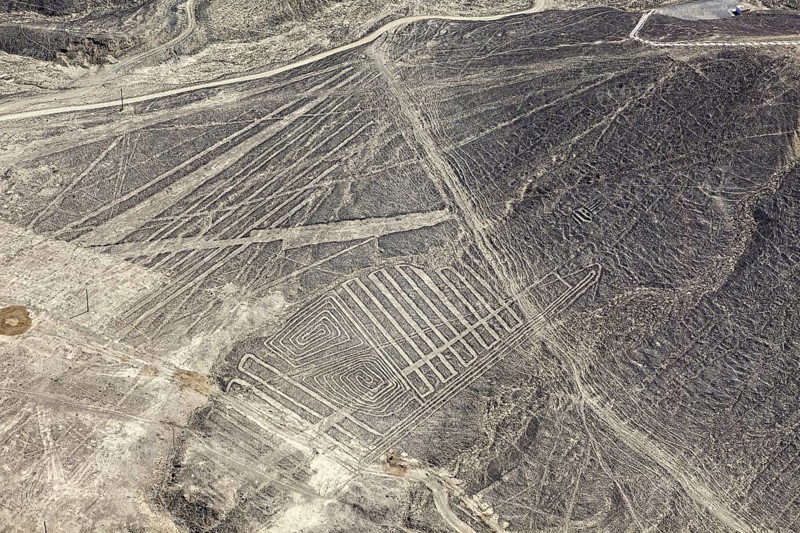 View of famous line formats in the Nazca Desert, viewed from the air in Peru, The geoglyphs and drawings in the desert near Nasca and Palpa in Peru