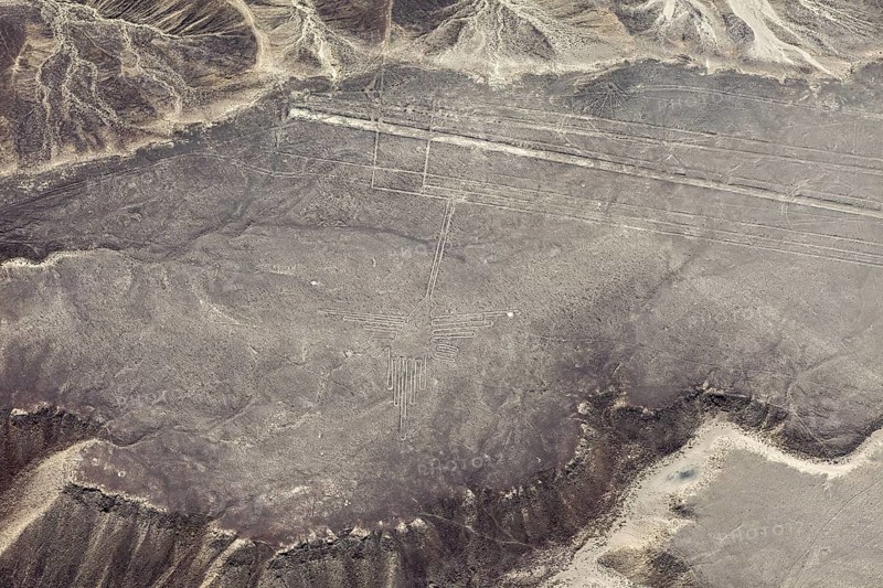 Aerial view of the Nazca Lines, with mysterious formations etched into the desert, the geoglyphs and images in the desert near Nasca and Palpa in Peru