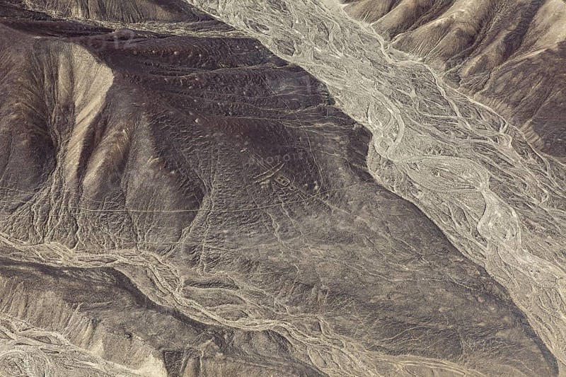 Detailed geoglyphs on a desert plain with adjacent mountain range, the geoglyphs and images in the desert near Nasca and Palpa in Peru