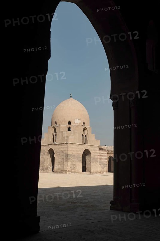 The interior architecture of the courtyard and dome of Ibn Tulin Mosque in Cairo, one of the oldest mosques in Egypt