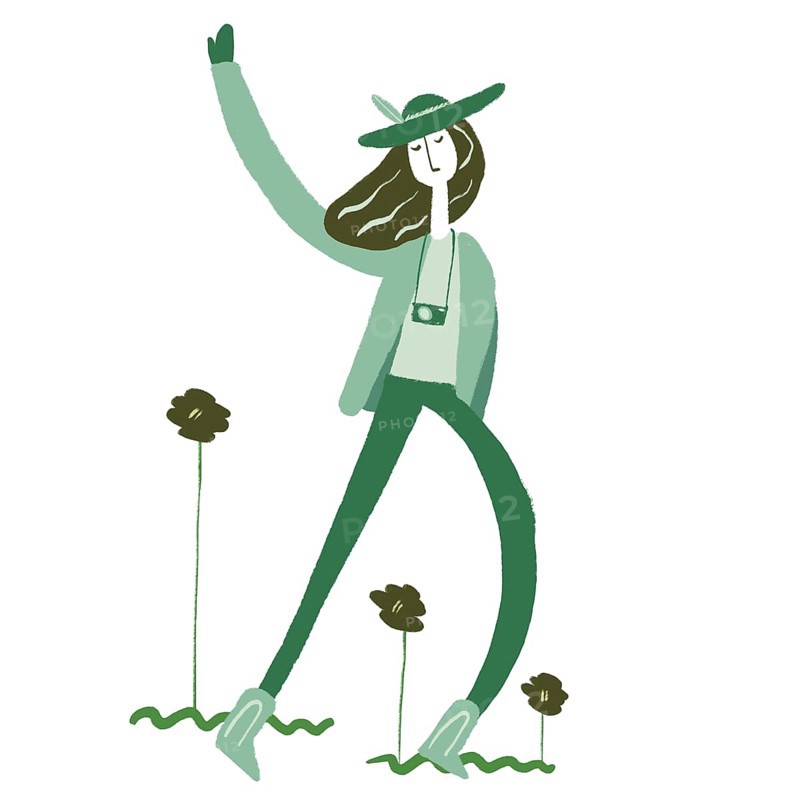 A whimsical illustration featuring a stylized figure in a hat and camera, surrounded by green flowers The art uses a monochromatic green palette for a fresh, vibrant look