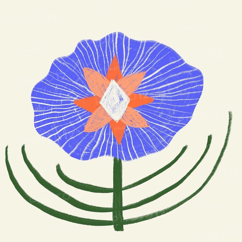 A vivid digital illustration of a spring flower, featuring a large blue petal with textured lines and a bright orange center, set against a muted background