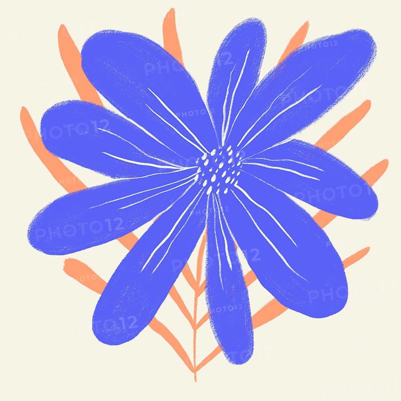 A vibrant digital illustration of a spring flower with blue petals and orange foliage on a neutral background