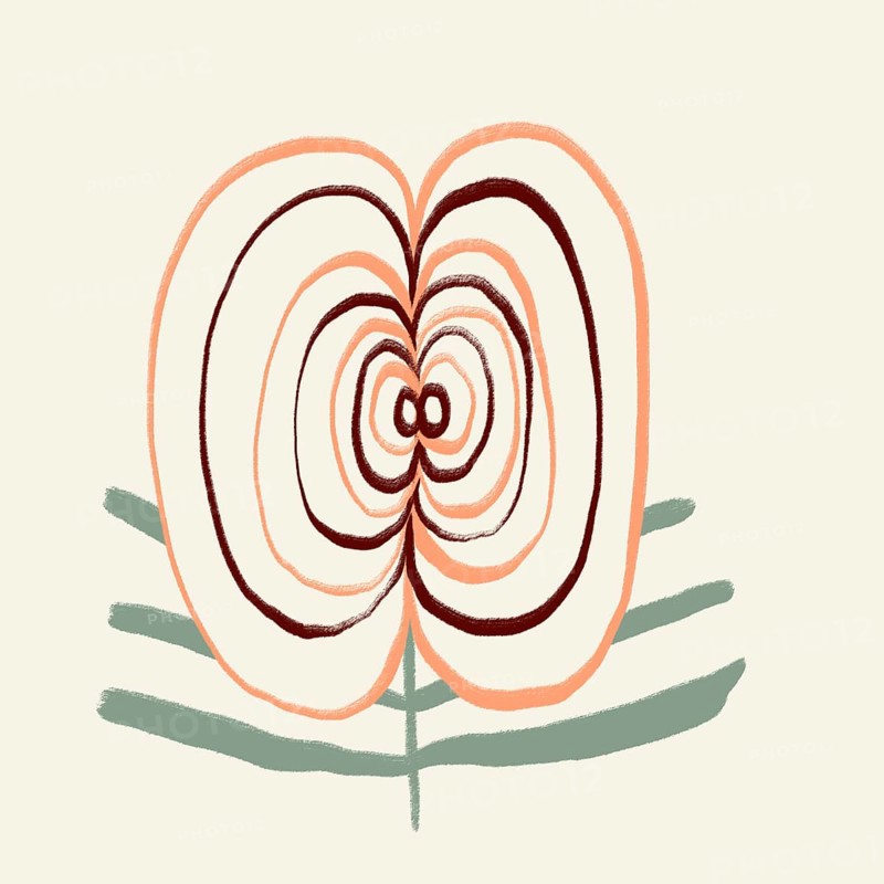 A minimalist digital artwork of a stylized spring flower depicted in soft pastel tones. The image portrays the flower with abstract, spiral patterns and simple leaves