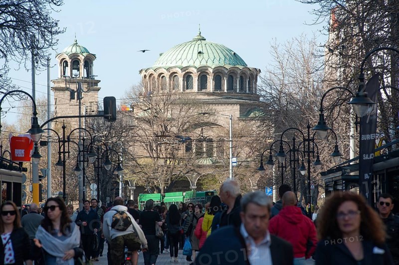 Sofia, Bulgaria, April 1st 2019. Sveta Nedelya Church and Vitousha Blvd, Sofia City Center, Bulgaria