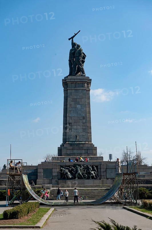 Sofia, Bulgaria. March 30th 2019 Young Bulgarians Skateboarding beside the Monument to the Soviet Army, Sofia, Bulgaria