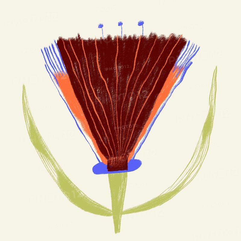 Colorful artistic illustration of a stylized spring flower featuring vibrant red petals contrasted with blue and green details
