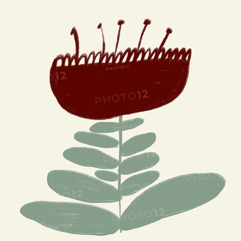 Minimalistic and artistic illustration of a stylized red flower with a green, leafy stem set against a neutral background, perfect for spring themes