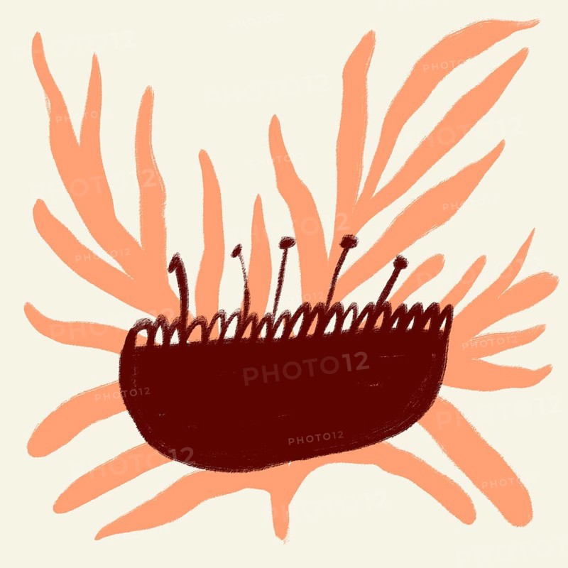 This abstract illustration depicts a stylized spring flower using warm orange and brown tones