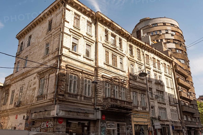 Bucharest, Romania. October 29th 2023. Mixed styles of faded architecture of the historical Old town of Bucharest, Romania