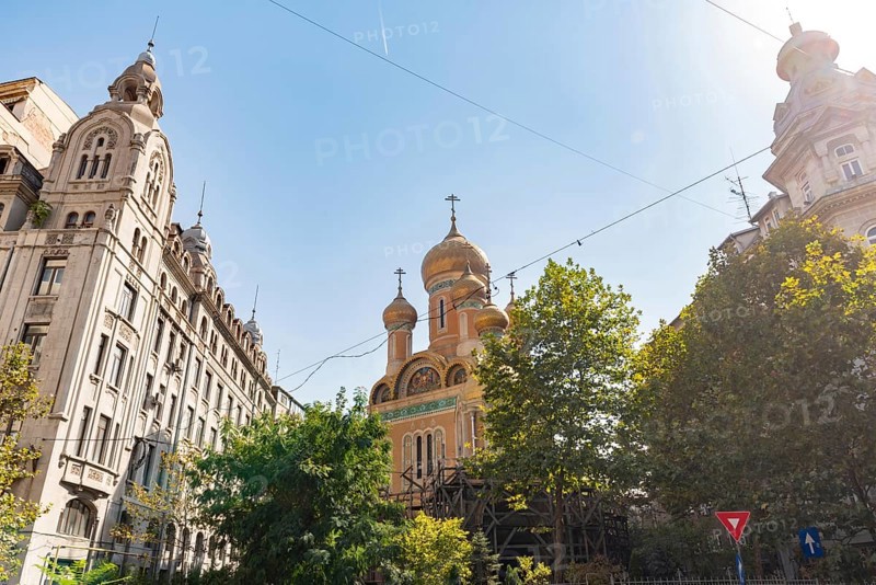 Bucharest, Romania. October 29th 2023. Historical architecture of St. Nicholas Russian Orthodox Church, part of the Old Town of the Romanian Capital, Bucharest, Romania