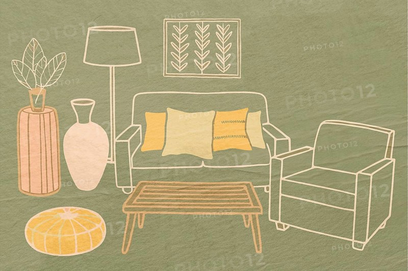 This artwork features a cozy living room with a sofa, plant, and accessories, all designed in a minimalist style. Soft colors highlight the inviting atmosphere