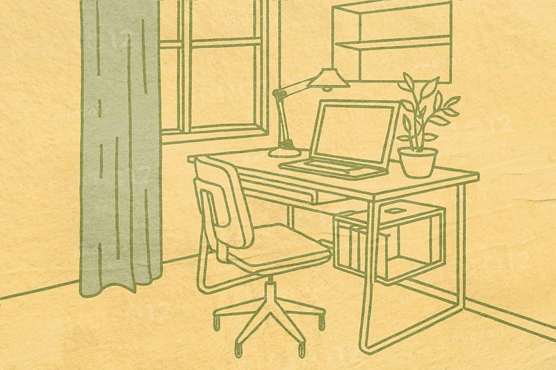 A cozy workspace is illustrated with a desk, chair, and laptop near a window. A plant and lamp enhance the inviting atmosphere of the home office