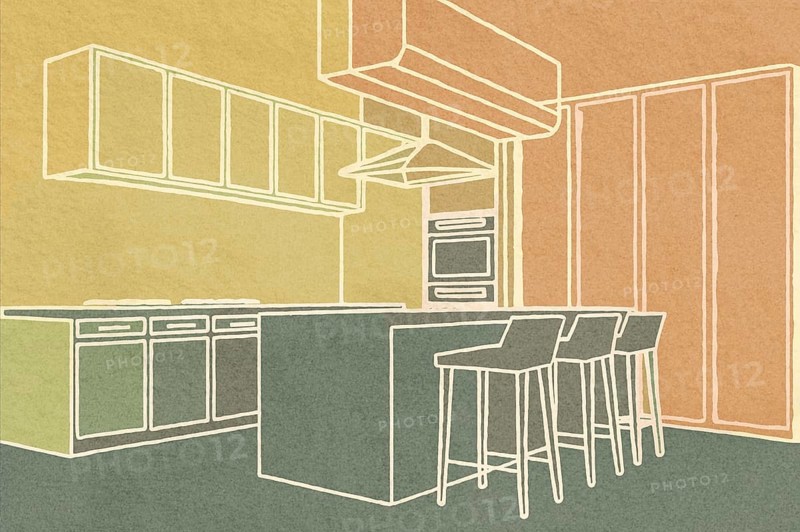 This illustration features a sleek kitchen layout with an island, stools, cabinets, and cooking appliances set against a soft, colorful background