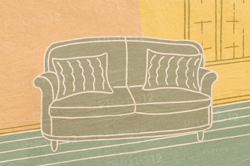 This illustration presents a cozy home environment, showcasing a chic sofa with decorative cushions, set against vibrant wall colors and a warm floor