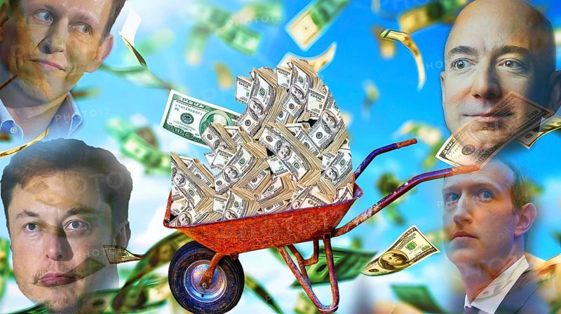 Symbolic image, richest tech bros rule the world, Elon Musk, Peter Thiel, Jeff Bezos, Mark Zuckerberg, freedoms under corrupt President Donald Trump, dollar continued reserve currency or crash, political security, purchasing power, stable currency, currency war, Wall Street and DAX recovery, President Trump erratic decisions, worldwide tariffs, share prices, euro, euro exchange rate, euro rate, euro high, exchange rates, dollar parity, gel investment, recession concerns, inflation, exports, raw materials and intermediate products in dollars, oil in dollars, world crisis, Ukraine war, Germany, loss of demoracy, autocracy, China, Russia