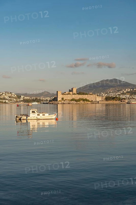Bodrum, Mugla, Turkey. April 21st 2022 Beautiful morning light on Bodrum harbour with a medieval fortress and mountains in the background, Turkish south west Aegean Coast, Turkey