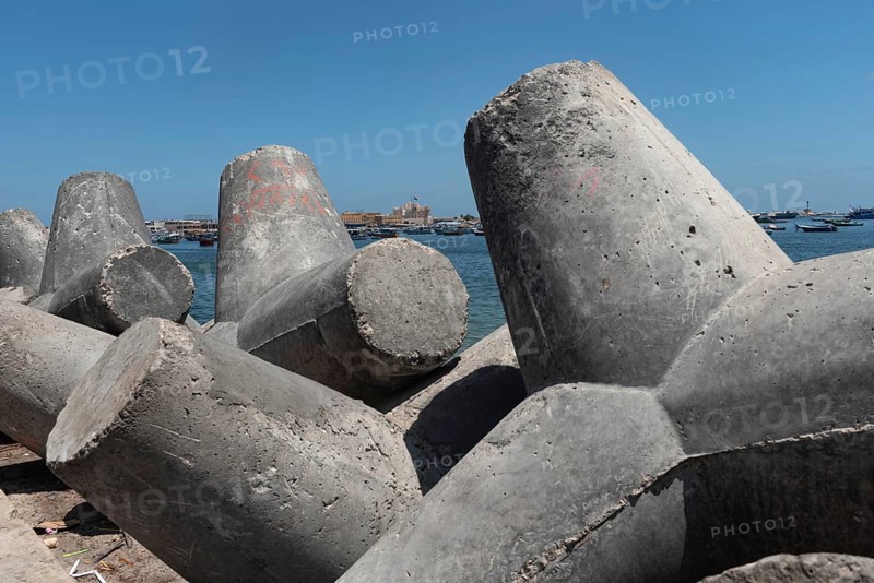 Huge concrete bollards placed on the Mediterranean Sea front on Alexandria to protect against rising sea levels and the risk of flooding the second largest city in Egypt