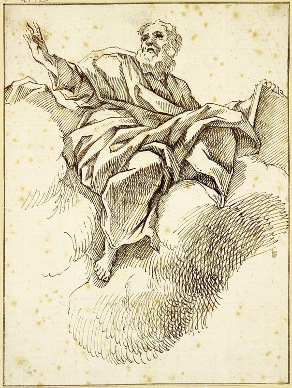 Luca Giordano (born 18 October 1634, died 3 January 1705), called Fa Presto, Italian painter and etcher of the Baroque period, Prophet with book floating on clouds, Painting, Reproduction of the painting in its original state, Work of art, Historical, An old man sitting in clouds in an ancient biblical drawing