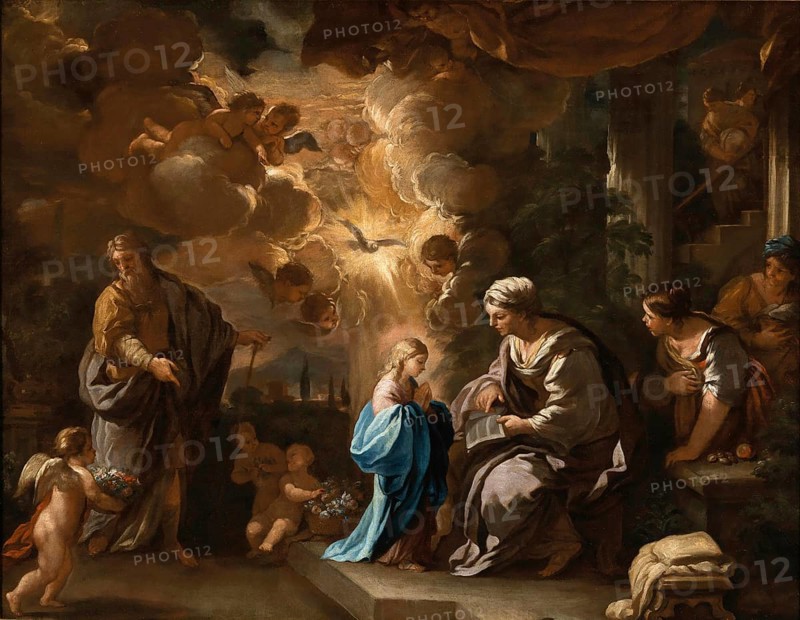 Luca Giordano (born 18 October 1634, died 3 January 1705), called Fa Presto, Italian painter and etcher of the Baroque period, The Education of the Virgin, Painting, Reproduction of the painting in its original state, Work of art, Historical, A family sits in conversation, surrounded by angels and clouds in a warm, golden evening mood