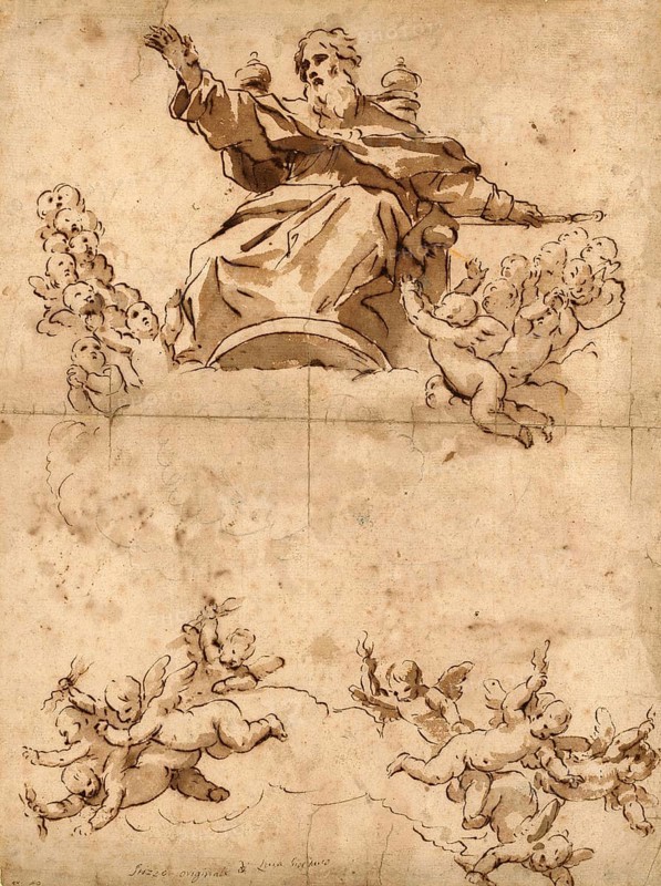 Luca Giordano (b. 18 October 1634, d. 3 January 1705), called Fa Presto, Italian Baroque painter and etcher, The Almighty with Angels (ca. 1650-69), Painting, Reproduction of the painting in its original state, Work of art, Historical, A majestic god enthroned in the clouds surrounded by angels in a drawing