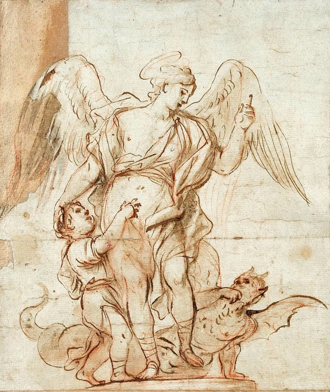 Luca Giordano (born 18 October 1634, died 3 January 1705), called Fa Presto, Italian painter and etcher of the Baroque period, Study for a sculpture, Study for a sculpture, Painting, Reproduction of the painting in its original state, Work of art, Historical, An angel with wings and a child stand next to a dog in an old sketch