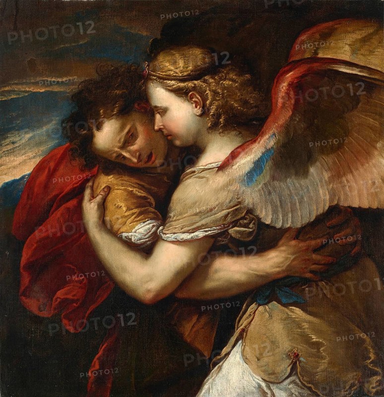Luca Giordano (b. 18 October 1634, d. 3 January 1705), called Fa Presto, Italian painter and etcher of the Baroque period, Jacob wrestling the Angel, Jacob wrestling with the Angel, Painting, Reproduction of the painting in its original state, Work of art, Historical, Angel embracing a man, showing tenderness and emotional closeness in a dynamic embrace