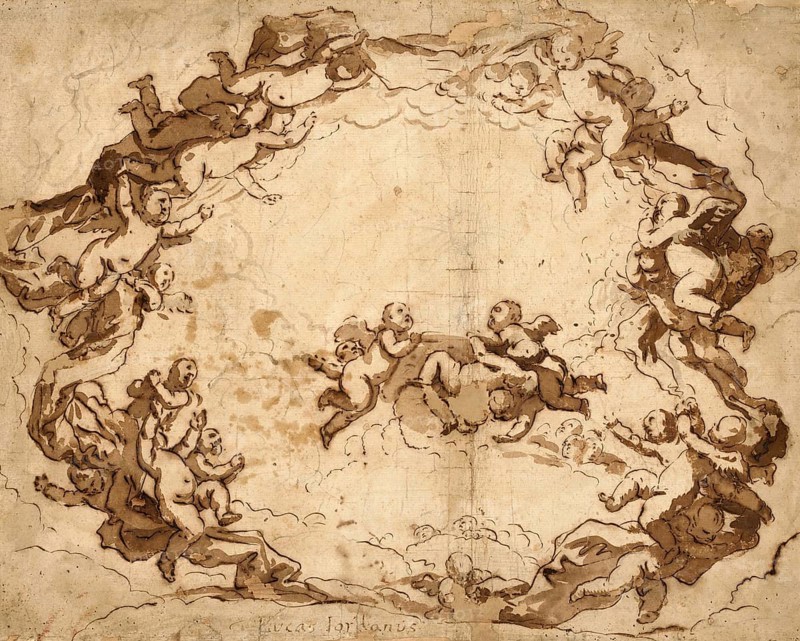 Luca Giordano (b. 18 October 1634, d. 3 January 1705), called Fa Presto, Italian painter and etcher of the Baroque period, A Glory of Angels (ca. 1650-69), Painting, Reproduction of the painting in its original state, Work of art, Historical, Renaissance sketch with putti and clouds in a heavenly scene on brown paper