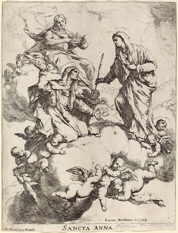 Luca Giordano (born 18 October 1634, died 3 January 1705), called Fa Presto, Italian painter and etcher of the Baroque period, Saint Anne Received by the Virgin and Christ, Saint Anne, received by the Virgin Mary and Christ, painting, reproduction of the painting in its original state, work of art, historical, saint on clouds surrounded by angels, Baroque engraving, biblical depiction