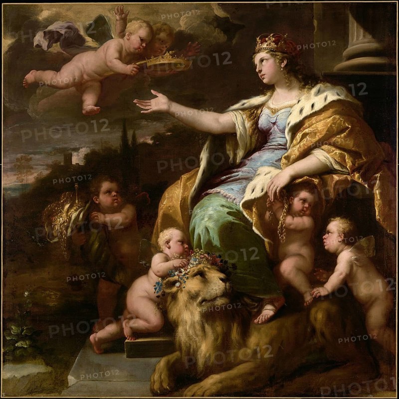 Luca Giordano (born 18 October 1634, died 3 January 1705), called Fa Presto, Italian painter and etcher of the Baroque period, Allegory of Magnanimity (About 1670), Painting, Reproduction of the painting in its original state, Work of art, Historical, Majestic woman sitting on a lion surrounded by angels in an antique scene