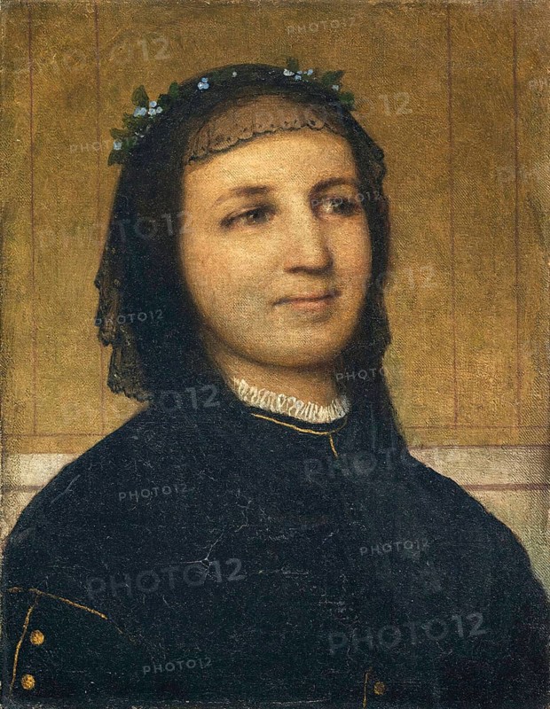 Arnold Böcklin (born 16 October 1827, died January 1901), Swiss painter, draughtsman, graphic artist and sculptor of Symbolism: Portrait of Margaretha Antoinette Mähly-Schermar (1865), Painting, Reproduction of the painting, Work of art, Historical, Portrait of a woman with a wreath of flowers, melancholic expression against a plain background
