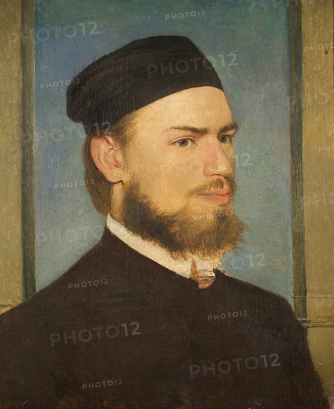Arnold Böcklin (born 16 October 1827, died January 1901), Swiss painter, draughtsman, graphic artist and sculptor of Symbolism: The painter Franz von Lenbach (1862), Painting, Reproduction of the painting, Work of art, Historical, Portrait of a young man with beard and traditional robe against a blue background