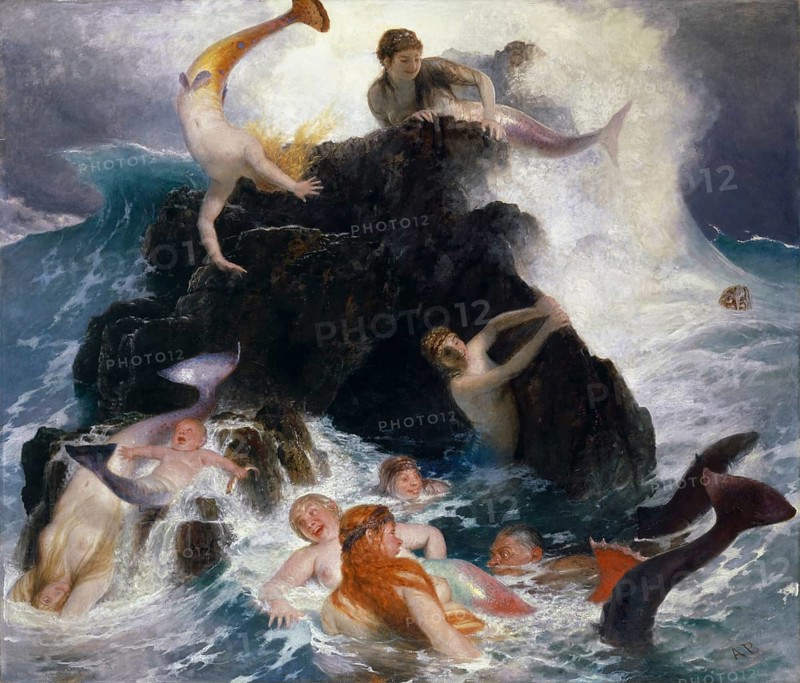 Arnold Böcklin (born 16 October 1827, died January 1901), Swiss painter, draughtsman, graphic artist and sculptor of Symbolism: Play of the Nereides (1886), Painting, Reproduction of the painting, Artwork, Historical, Mermaids playing and swimming in the wild sea around rocky cliffs
