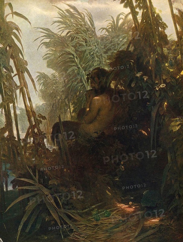 Arnold Böcklin (born 16 October 1827, died January 1901), Swiss painter, draughtsman, graphic artist and sculptor of Symbolism: Pan in the Reeds (19th century), Painting, Reproduction of the painting, Work of art, Historical, Figure in the wilderness surrounded by dense vegetation and shadows