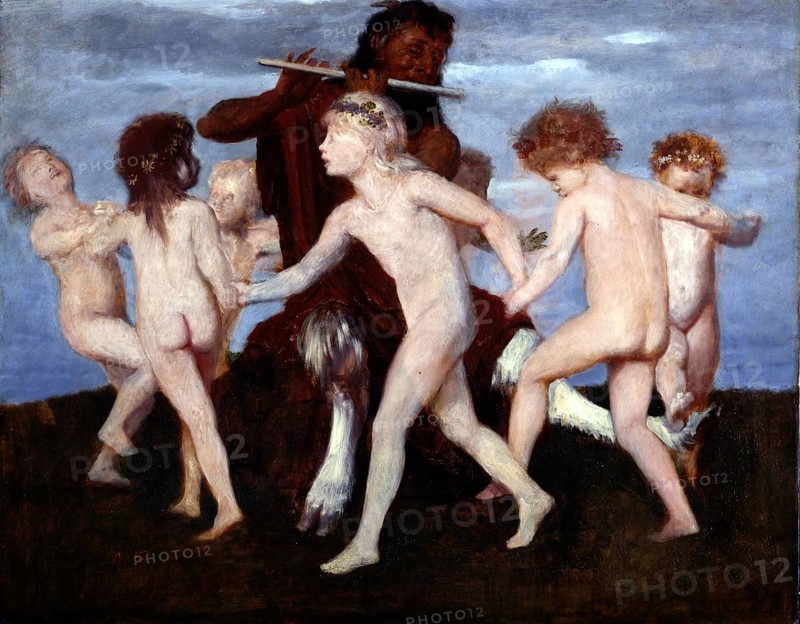 Arnold Böcklin (born 16 October 1827, died January 1901), Swiss painter, draughtsman, graphic artist and sculptor of Symbolism: Pan Dancing with Children (circa 1884), Painting, Reproduction of the painting, Work of art, Historical, Children dancing happily to a flute played by a mythological figure