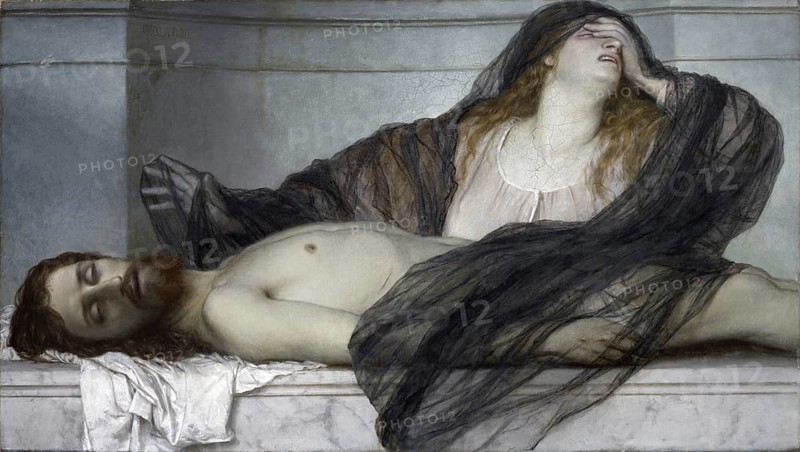 Arnold Böcklin (born 16 October 1827, died January 1901), Swiss painter, draughtsman, graphic artist and sculptor of Symbolism: Magdalene Grieving over the Body of Christ (1867), Painting, Reproduction of the painting, Work of art, Historical, Melancholic scene with mourning figures next to a reclining figure on a marble slab