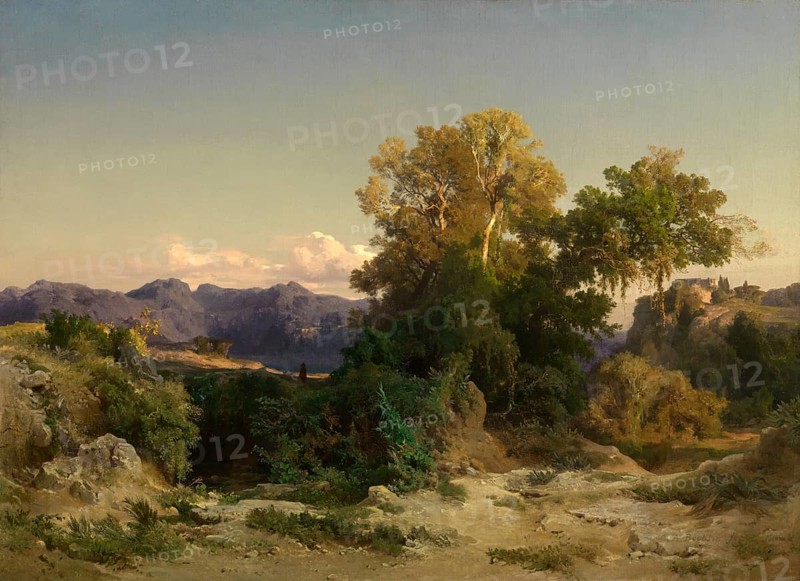Arnold Böcklin (born 16 October 1827, died January 1901), Swiss painter, draughtsman, graphic artist and sculptor of Symbolism: Landscape in the Roman Campagna, Painting, Reproduction of the painting, Work of art, Historical, Idyllic landscape with trees and rocks under a clear sky in an evening atmosphere