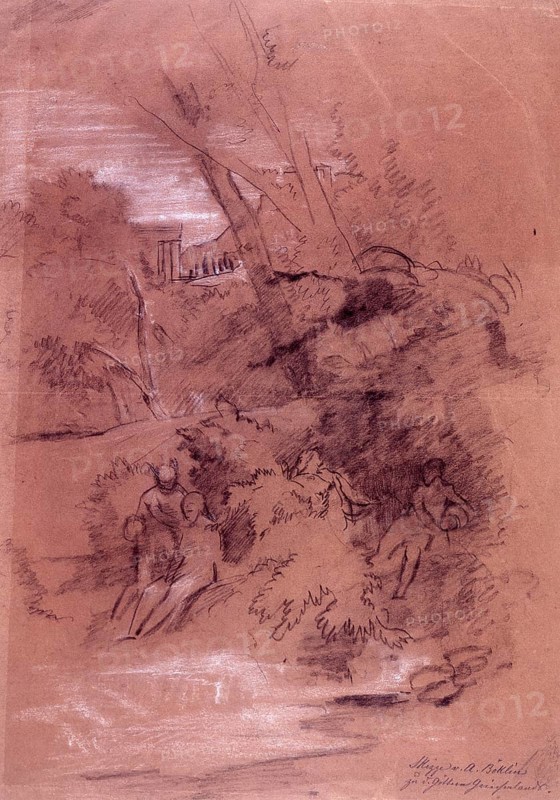 Arnold Böcklin (born 16 October 1827, died January 1901), Swiss painter, draughtsman, graphic artist and sculptor of Symbolism: Gods of Greece (ca. 1859), Painting, Reproduction of the painting, Work of art, Historical, Sketch of people in a wooded landscape, slightly pastel-coloured