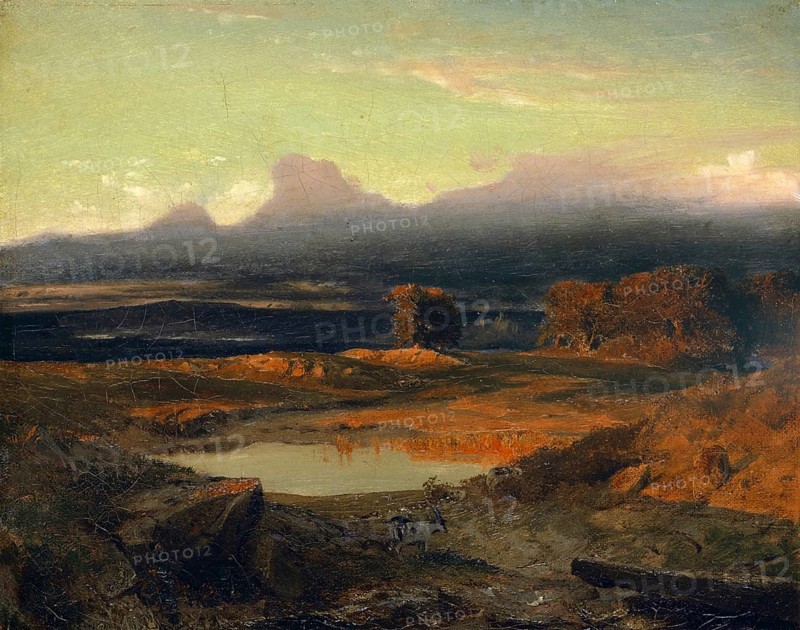 Arnold Böcklin (born 16 October 1827, died January 1901), Swiss painter, draughtsman, graphic artist and sculptor of Symbolism: Landscape At Sunset, Painting, Reproduction of the painting, Work of art, Historical, Tranquil evening landscape with small lake and distant horizon