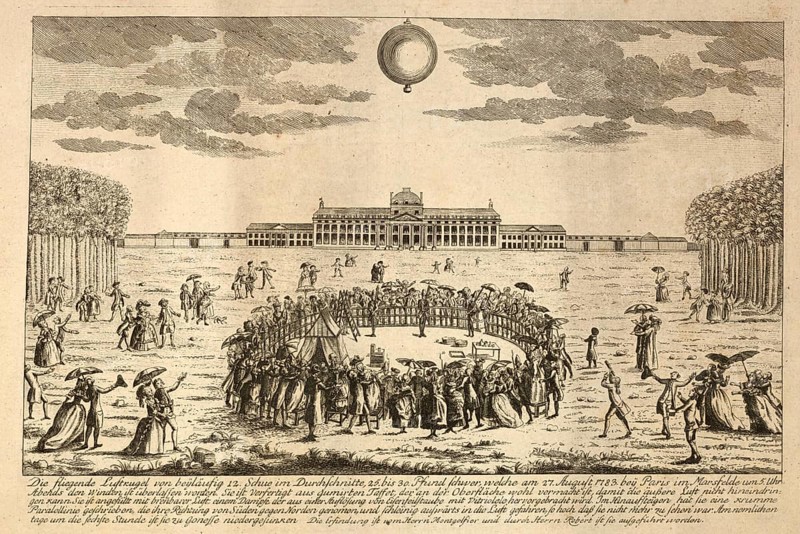 Rise of the world's first hydrogen balloon, on August 27, 1783 on the Champ de Mars in Paris, France, authentic, digitally restored reproduction from a 19th-century model, exact date of depiction unknown, historical