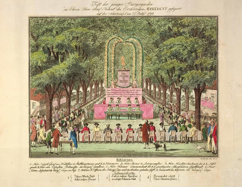 Festival of the Prague Civic Guards in honour of Archduchess Maria Anna Marianne of Austria (1770-1809), celebrated on the Schützinsel on 27.7.1794, Czech Republic, authentic, digitally restored reproduction from a 19th century original, exact date of depiction unknown, historical