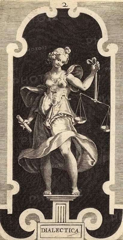 Dialectica, personifies dialectics as one of the seven liberal arts. The figure holds a balance, which symbolizes the logical consideration of arguments, by Lucas Kilian from 1606, authentic, digitally restored reproduction from a 19th century model, exact date of presentation unknown, historical