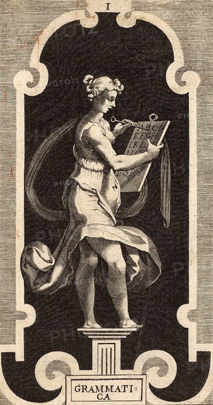 Grammatica, is one of the seven liberal arts, a personification of grammar. A woman holding a tablet with letters and describing what the grammar symbolizes, by Lucas Kilian from 1606, authentic, digitally restored reproduction from a 19th-century model, exact date of presentation unknown, historical