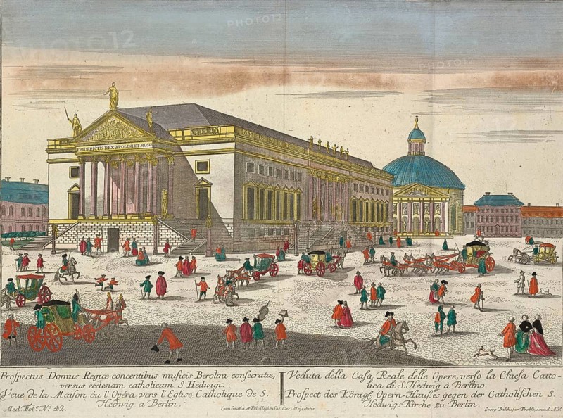 View of Bebelplatz in Berlin in the 18th century, which was then known as Opernplatz. The focus is on the Royal Opera House, today the State Opera Unter den Linden, with Saint Hedwig's Cathedral in the background. Courtly life with numerous carriages and passers-by in contemporary clothing on the square, authentic, digitally restored reproduction from a 19th century model, exact date of depiction unknown, historical