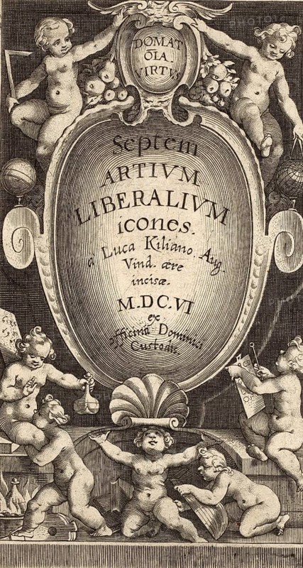 Title page of the Septem Artium Liberalium Icones, illustrations of the seven liberal arts, by Lucas Kilian from 1606, authentic, digitally restored reproduction from a 19th-century model, exact date of presentation unknown, historical