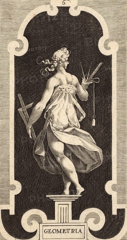 Geometry, one of the seven liberal arts, the personification of geometry. A female figure with geometric instruments compass, ruler, sinklot, by Lucas Kilian from 1606, authentic, digitally restored reproduction from a 19th century model, exact date of depiction unknown, historical